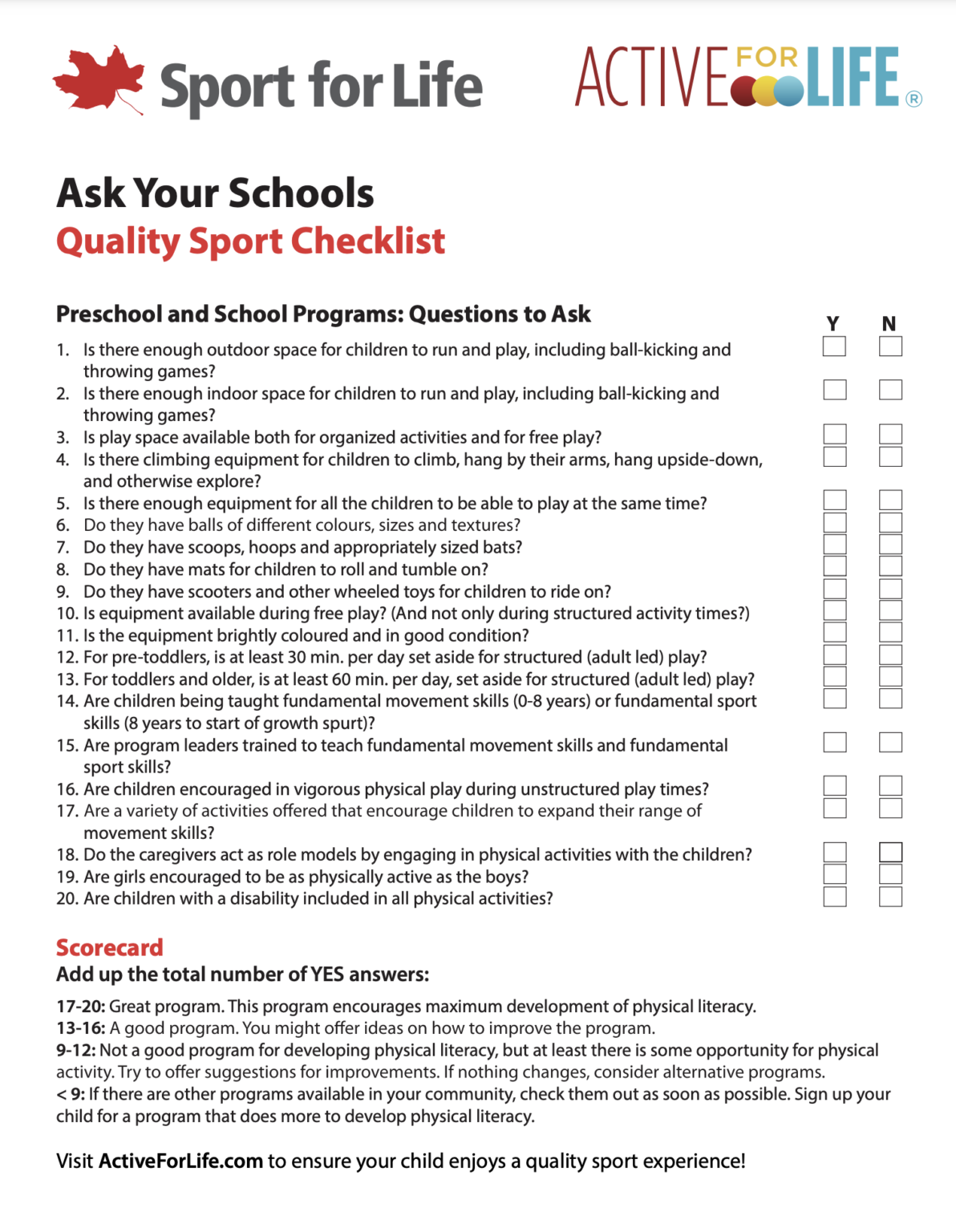 Quality Sport Checklist: Ask your Schools & Coaches • Sport for Life