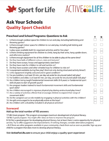 Quality Sport Checklist: Ask your Schools & Coaches